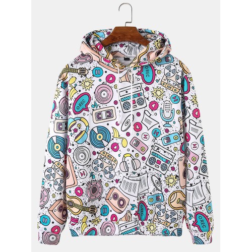 Mens Cartoon Music Pattern Print Relaxed Fit Drawstring Hoodies With Muff Pocket Mens Cartoon Music Pattern Print Relaxed Fit Drawstring Hoodies With Muff Pocket