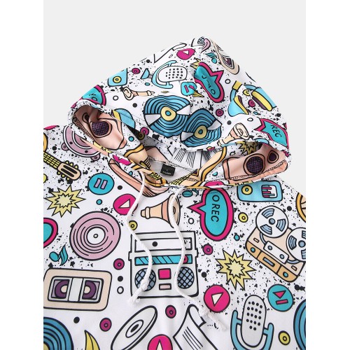 Mens Cartoon Music Pattern Print Relaxed Fit Drawstring Hoodies With Muff Pocket Mens Cartoon Music Pattern Print Relaxed Fit Drawstring Hoodies With Muff Pocket
