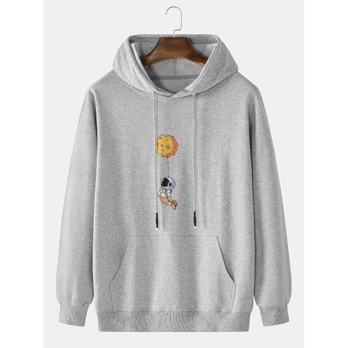 Mens Cotton Cartoon Astronaut Chest Print Solid Light Casual Hoodies With Muff Pocket Mens Cotton Cartoon Astronaut Chest Print Solid Light Casual Hoodies With Muff Pocket
