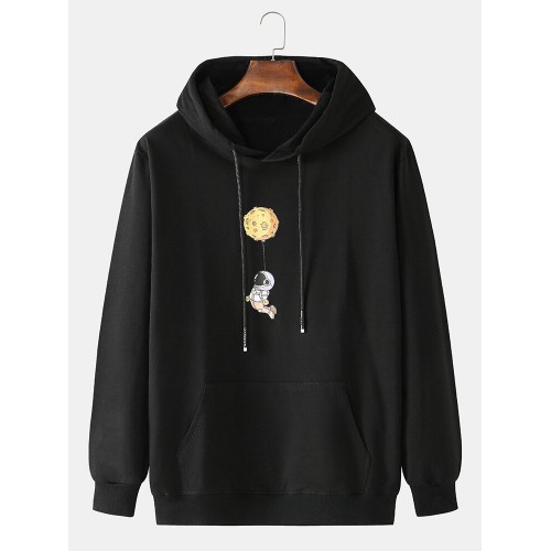Mens Cotton Cartoon Astronaut Chest Print Solid Light Casual Hoodies With Muff Pocket Mens Cotton Cartoon Astronaut Chest Print Solid Light Casual Hoodies With Muff Pocket