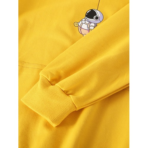 Mens Cotton Cartoon Astronaut Chest Print Solid Light Casual Hoodies With Muff Pocket Mens Cotton Cartoon Astronaut Chest Print Solid Light Casual Hoodies With Muff Pocket