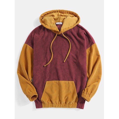 Mens Corduroy Contrast Patchwork Casual Drawstring Elastic Hem Hoodies With Kangaroo Pocket Mens Corduroy Contrast Patchwork Casual Drawstring Elastic Hem Hoodies With Kangaroo Pocket
