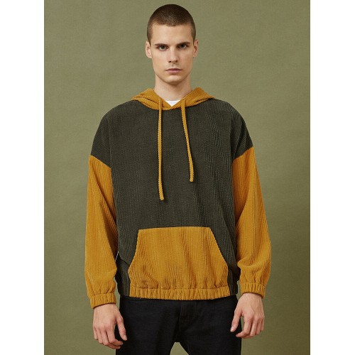 Mens Corduroy Contrast Patchwork Casual Drawstring Elastic Hem Hoodies With Kangaroo Pocket Mens Corduroy Contrast Patchwork Casual Drawstring Elastic Hem Hoodies With Kangaroo Pocket