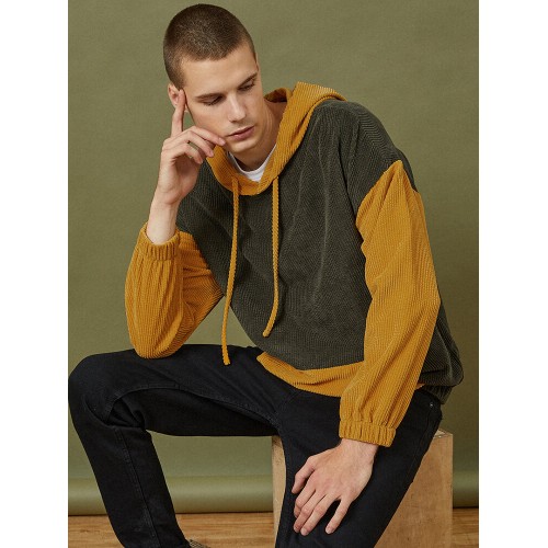 Mens Corduroy Contrast Patchwork Casual Drawstring Elastic Hem Hoodies With Kangaroo Pocket Mens Corduroy Contrast Patchwork Casual Drawstring Elastic Hem Hoodies With Kangaroo Pocket