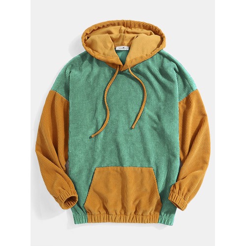 Mens Corduroy Contrast Patchwork Casual Drawstring Elastic Hem Hoodies With Kangaroo Pocket Mens Corduroy Contrast Patchwork Casual Drawstring Elastic Hem Hoodies With Kangaroo Pocket