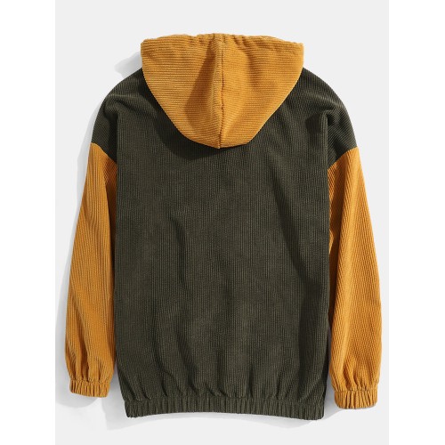 Mens Corduroy Contrast Patchwork Casual Drawstring Elastic Hem Hoodies With Kangaroo Pocket Mens Corduroy Contrast Patchwork Casual Drawstring Elastic Hem Hoodies With Kangaroo Pocket