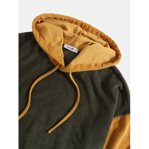 Mens Corduroy Contrast Patchwork Casual Drawstring Elastic Hem Hoodies With Kangaroo Pocket Mens Corduroy Contrast Patchwork Casual Drawstring Elastic Hem Hoodies With Kangaroo Pocket