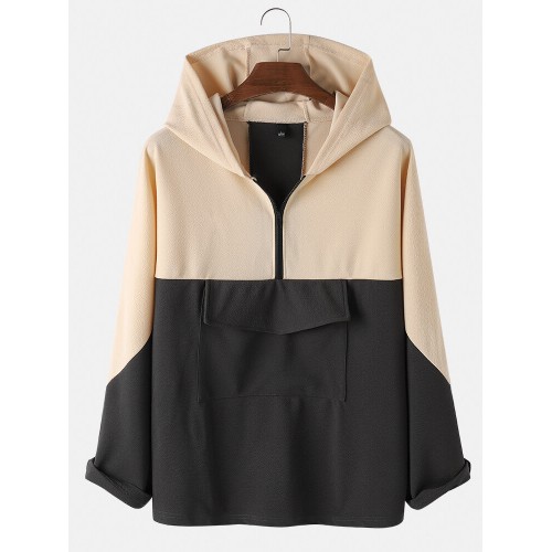 Mens Contrast Color Half Zipper Front Loose Fit Long Sleeve Hoodies With Pocket Mens Contrast Color Half Zipper Front Loose Fit Long Sleeve Hoodies With Pocket