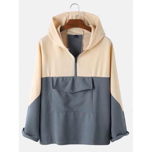 Mens Contrast Color Half Zipper Front Loose Fit Long Sleeve Hoodies With Pocket Mens Contrast Color Half Zipper Front Loose Fit Long Sleeve Hoodies With Pocket