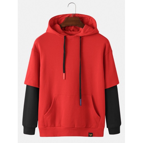Mens Contrast Patchwork Sleeve 100% Cotton Casual Kangaroo Pocket Drawstring Hoodies Mens Contrast Patchwork Sleeve 100% Cotton Casual Kangaroo Pocket Drawstring Hoodies