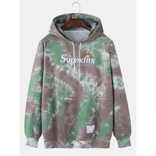 Mens Tie-Dye Letter Chest Print Loose Daily Kangaroo Pocket Pullover Hoodies