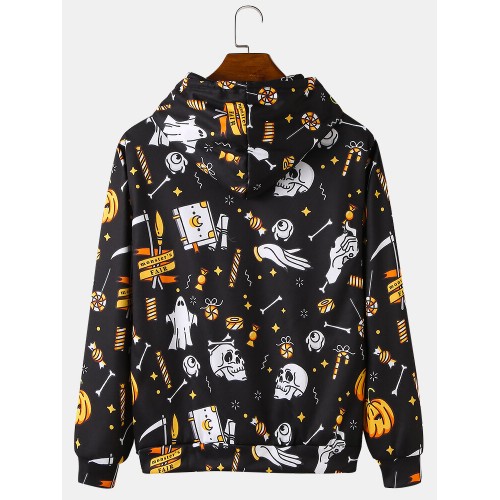 Mens All Over Skull Print Halloween Loose Drawstring Hoodies With Kangaroo Pocket Mens All Over Skull Print Halloween Loose Drawstring Hoodies With Kangaroo Pocket