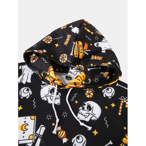 Mens All Over Skull Print Halloween Loose Drawstring Hoodies With Kangaroo Pocket Mens All Over Skull Print Halloween Loose Drawstring Hoodies With Kangaroo Pocket