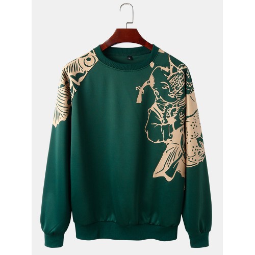 Mens Oriental Paper-Cut Art Print Shoulder Panel Casual Designer Sweatshirts Mens Oriental Paper-Cut Art Print Shoulder Panel Casual Designer Sweatshirts