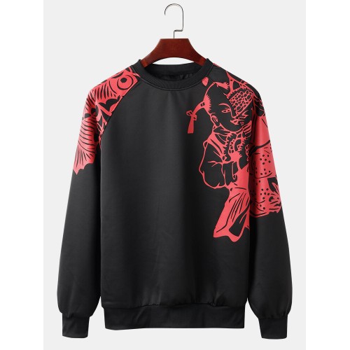 Mens Oriental Paper-Cut Art Print Shoulder Panel Casual Designer Sweatshirts Mens Oriental Paper-Cut Art Print Shoulder Panel Casual Designer Sweatshirts