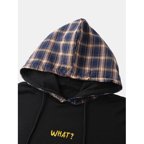 Mens Plaid Patchwork Letter Print Doctor Sleeves Casual Loose Hoodies With Muff Pocket Mens Plaid Patchwork Letter Print Doctor Sleeves Casual Loose Hoodies With Muff Pocket