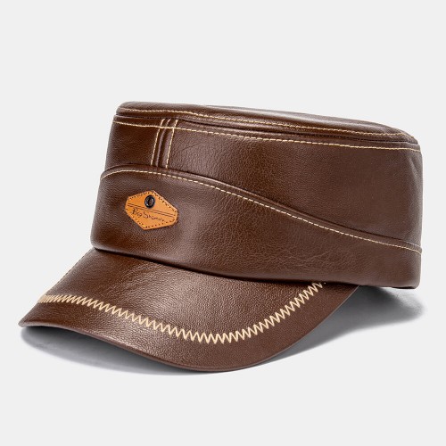 Men Solid Color Leather Hat Retro Keep Warm Outdoor Flat Hat Military Hat