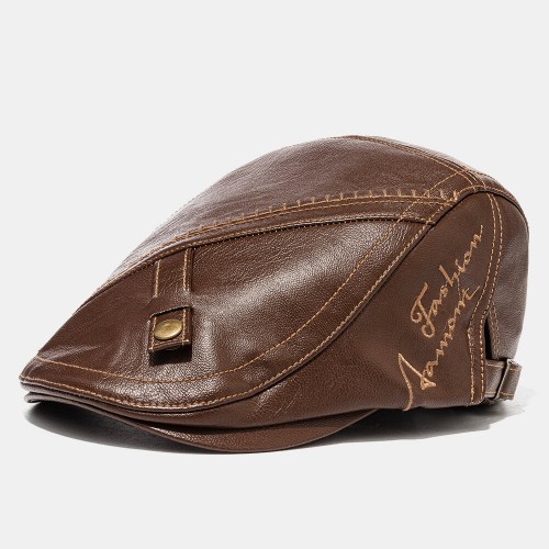 Men's Artificia Leather Printing Embroidery Beret Flat Caps Casual Newsboy Cap Warm Hats