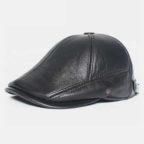 Men Genuine Leather Plus Thick Keep Warm Casual Solid Forward Hat Beret Hat