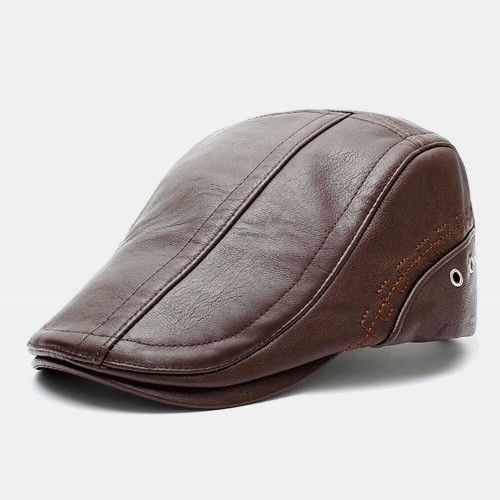 Men Genuine Leather Solid Color Sunscreen Keep Warm Casual Forward Hat Beret Hat