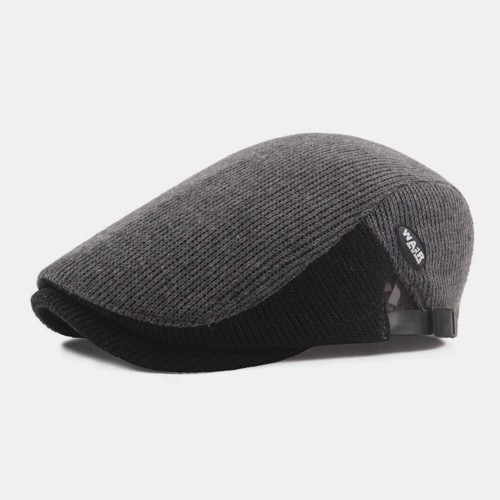Men Wool Plus Thick Keep Warm Patchwork Color Knitted Forward Hat Beret Hat