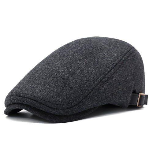 Mens Winter Thicken Warm Woolen Beret Flat Cap Adjustable Casual Solid Black Grey Forward Hats