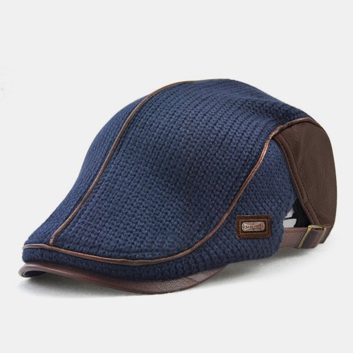 Men Knit Leather Patchwork Color Casual Personality Forward Hat Beret Hat