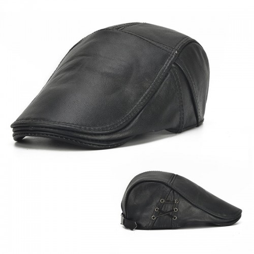 Men Leather Lace-up Beret Caps Casual Outdoor Winter Warm Windproof Duck Hats Adjustable Caps