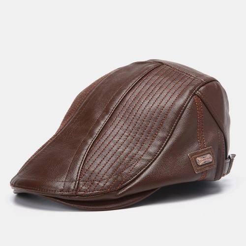 Men's Leather Beret Hat Casual Newsboy Cap Warm Hats With Needle Texture Flat Caps
