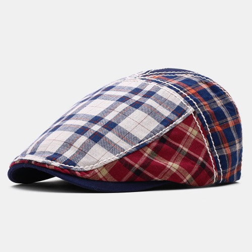 Men Patchwork Color Lattic Pattern Visor Casual Forward Hat Beret Hat Flat Caps