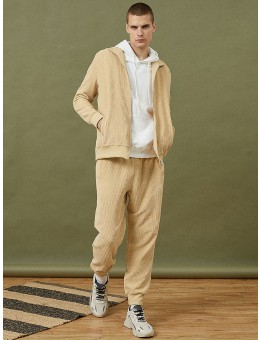 Mens Solid Corduroy Designer Lapel Zipper Front Casual Two Pieces Outfit