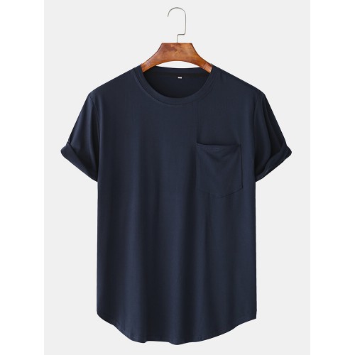 Men Cotton Plain Chest Pocket Home Casual Loose Short Sleeve T-Shirt