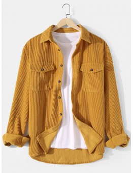 Mens Corduroy Solid Color Relaxed Fit Long Sleeve Shirts With Flap Pockets