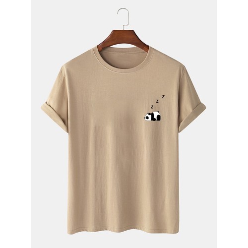 Mens 100% Cotton Solid Color Panda Print Thin Casual T-Shirt