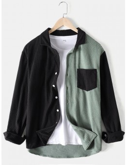 Mens Colorblock Patchwork Corduroy Lapel Long Sleeve Shirts With Pocket