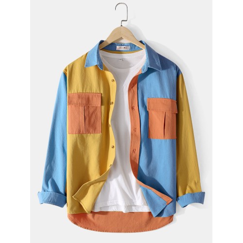 Mens 100% Cotton Colorblock Patchwork Cargo Style Long Sleeve Shirts With Flap Pockets
