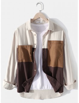 Mens 100% Cotton Colorblock Patchwork Loose Chest Pockets Long Sleeve Shirts