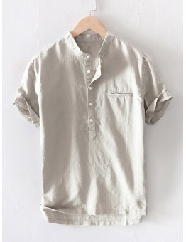 Mens Cotton Linen Stand Collar Slim Fit Short Sleeve Henley Shirt