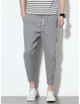 Mens Cotton Linen Solid Color Slim Fit Casual Pants