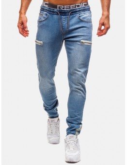 Mens Denim Zipper Washing Drawstring Fit Casual Jeans