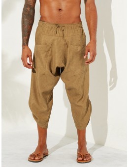 Mens Corduroy Casual Ethnic Style Calf-Length Loose Drawstring Harem Pants