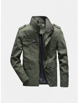 Men 100% Cotton Military Multi Pockets Epaulettes Solid Color Casual Washed Outdoor Tooling Jacket