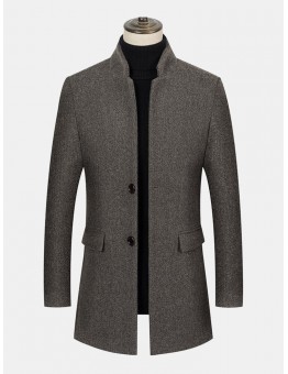 Mens Woolen Stand Collar Casual Mid-Length Overcoats With Flap Pockets