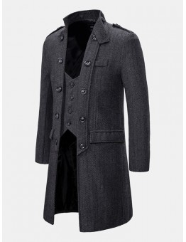 Mens Autumn Fashion Handsome Fake Two Pieces Plain Woolen Trench Coat