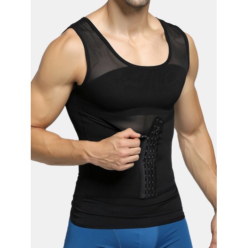 Men Thin Net Shapewear Tank Tops Tummy Control Nylon Breathable Hasp Waist Trainer Underwear