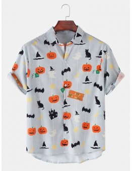 Mens Halloween Funny Pumpkin Cat Printed Casual Loose Short Sleeve Shirts