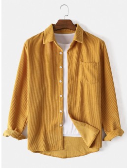 Mens Corduroy Solid Color Plain Long Sleeve Lapel Collar Shirts With Pocket