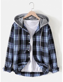Mens Plaid Button Up Long Sleeve Casual Drawstring Hooded Shirts