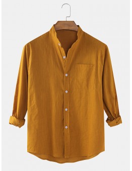 Mens Cotton & Linen Solid Color Thin Casual Long Sleeve Shirts With Pocket