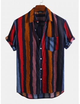 Mens Color Striped Casual Short Sleeve Shirts Wtih Pocket